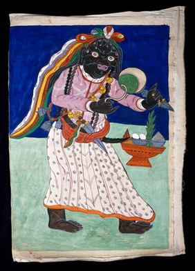 An evil demon (dMu) who causes dropsy. Watercolour by a Tibetan painter.