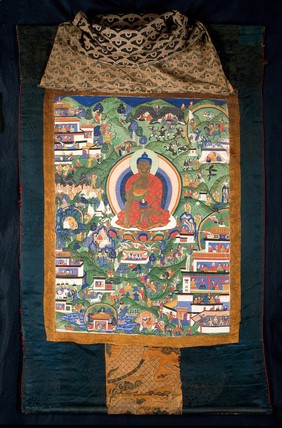 An early Tibetan king, or Rudrakulika, legendary king of Shambhala, seated in a garden. Distemper painting by a Tibetan painter.