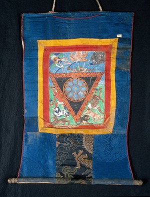 view Blue lotus protective triangle. Distemper painting by a Tibetan painter.