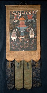 Attributes of the six-handed Mahākāla in a "rgyan tshogs" banner. Distemper painting by a Tibetan painter.