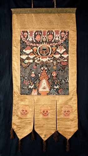 Attributes of Pañjaranātha, the tent protector, in a "rgyan tshogs" banner. Distemper painting by a Tibetan painter.