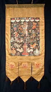 Attributes of Cimara (gNod-sbyin rTsiu-dmar-po) in a "rgyan tshogs" banner. Distemper painting by a Tibetan painter.