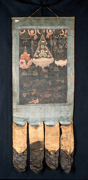 view Attributes of Bhairava in a "rgyan tshogs" banner. Distemper painting by a Tibetan painter.