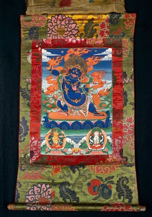 view The three Buddhist deities Vajrapāṇi, Mañjuśrī and Avalokiteśvara. Distemper painting by a Tibetan painter.