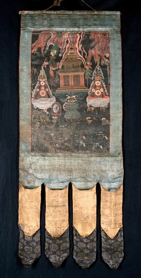 Attributes of Yama in a "rgyan tshogs" banner. Distemper painting by a Tibetan painter.