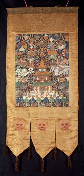 Attributes of Kubera in a "rgyan tshogs" banner. Distemper painting by a Tibetan painter.