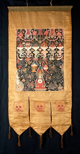 Attributes of the six-handed Mahākāla in a "rgyan tshogs" banner. Distemper painting by a Tibetan painter.
