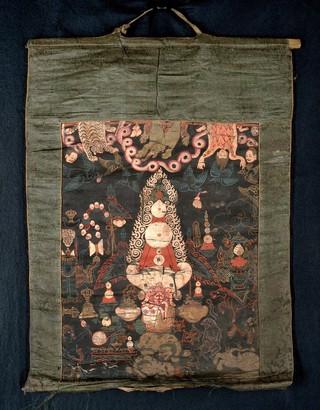 Attributes of dPal-ldan Lha-mo in a "rgyan tshogs" banner. Distemper painting by a Tibetan painter.