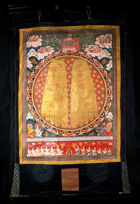 Footprints of the Buddha or of a Lama (?). Distemper painting by a Tibetan painter.
