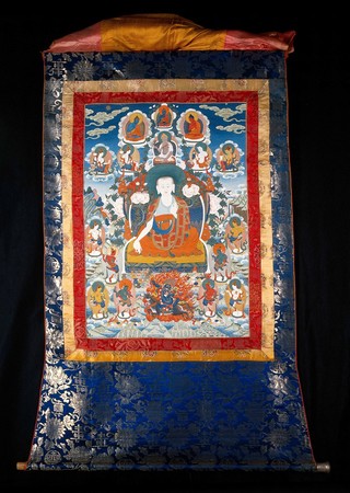 Tibetan medicine and its divine origins. Distemper painting by Chundu, 1970.