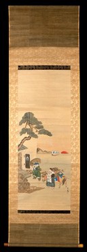 The Japanese gods of commerce and fisheries; a fleet at sea in the distance. Watercolour by a Japanese painter.