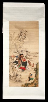 Zhong Kui, the demon queller, with other smaller figures. Gouache painting by a Chinese painter.