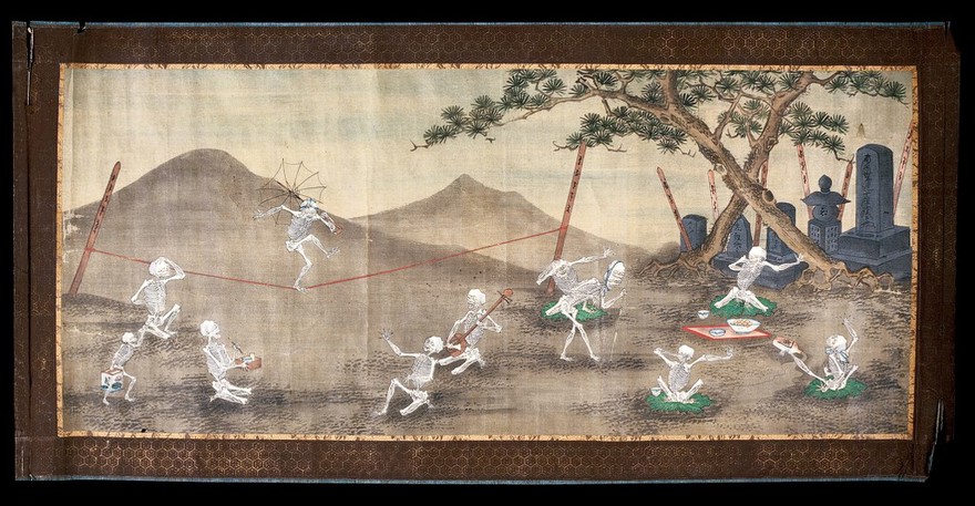 Skeletons on a tightrope. Gouache painting by a Japanese (?) painter.