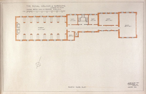 Proposed rebuilding of the Royal College of Surgeons of England: plan of fourth floor. Watercolour by Alner W. Hall (Alner & Hall), November 1944.