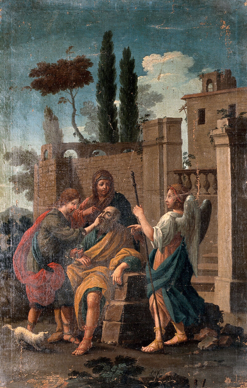 Tobias curing the blindness of Tobit, with Anna and Raphael. Oil painting after G. Zocchi., by Giuseppe Zocchi