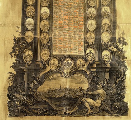 Cathedral Church of Osnabrück: allegory and calendar. Engraving by J. & J. Klauber, ca. 1764,  after J.W. Baumgartner, and letterpress, ca 1799.