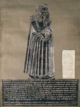 Margaret Barker, of South Ockenden, Essex, 1602. Brass rubbing, 1845.