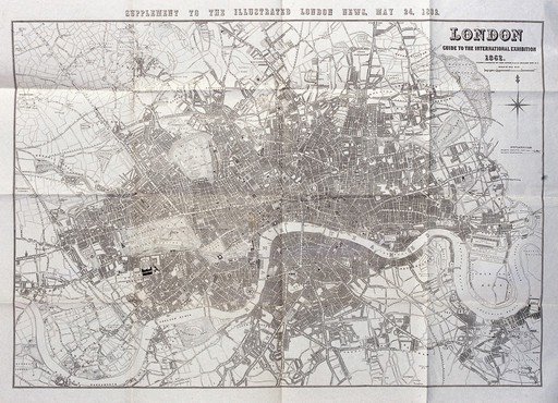 A map of London, with a scale and north point: from Greenwich to Hammersmith east-west, and from Highgate to Stockwell north-south. Wood engraving by J. Dower after himself, 1862.