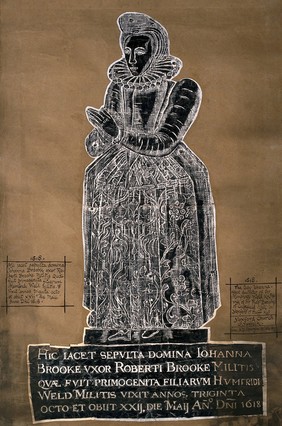 Lady Johanna Brooke, wife of Robert Brooke, 1618. Brass rubbing by A.D. Spurgin, 1877.