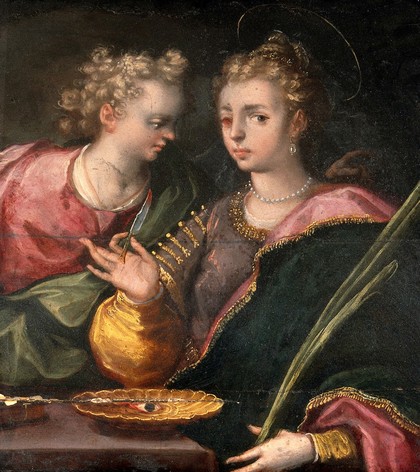 Saint Lucy and an angel. Oil painting.