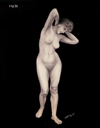 Artistic poses plate III: a woman standing. Lithograph by Robert J. Colenso.