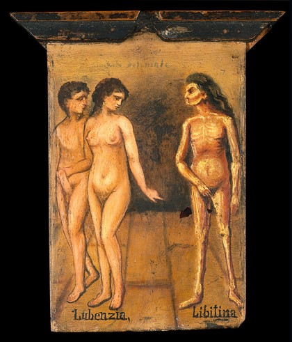 A man and a woman (left), with death (right). Oil painting by Summonte, 18--.
