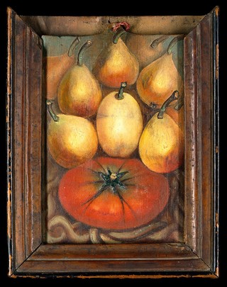 Figs and a tomato. Oil painting by Summonte, 18--.