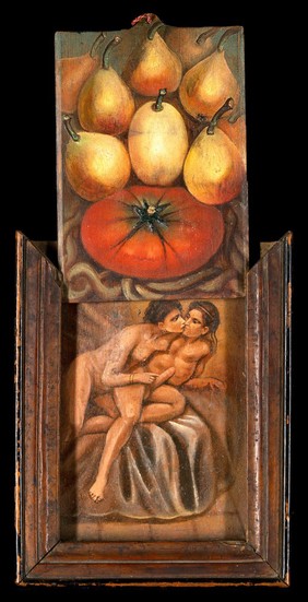 Figs and a tomato. Oil painting by Summonte, 18--.