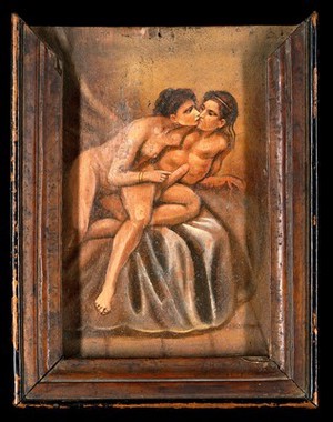 view A man and a woman making love. Oil painting by Summonte, 18--.