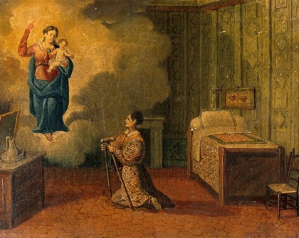 Votive picture: a woman kneeling with crutches, praying to the Virgin and Child. Oil painting.