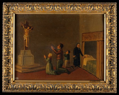 Votive picture: a man and two members of his family praying to Christ crucified for the health of another relative in bed. Oil painting.