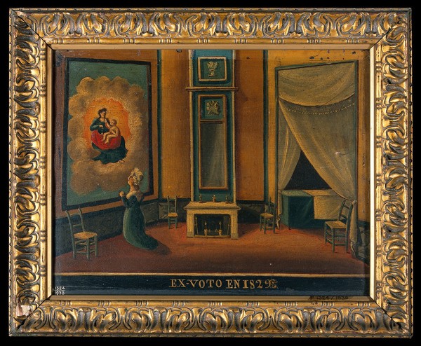 Votive picture: a woman praying before a painting or tapestry of the Virgin and Child in glory. Oil painting.