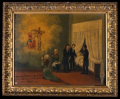 Votive picture: a woman praying to the Virgin and to Christ crucified for a person in bed attended by physicians (?). Oil painting.