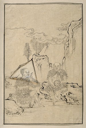 view Two Chinese men sitting on a rocky mountainside, wearing simple garments fashioned from leaves. Ink drawing, 18--.