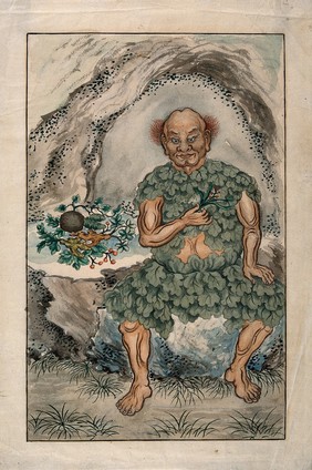 Shen Nung seated on a rock, wearing simple garments fashioned from leaves, holding a small plant; a selection of roots and plants are also shown on a ledge by his side. Watercolour, China, 1920?.