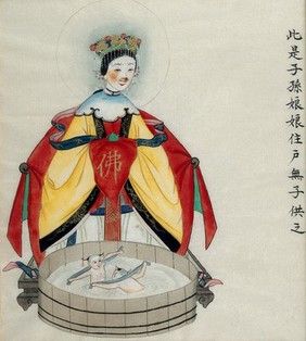 Zi Sunliang, a Chinese goddess, with two babies (?) bathing in front of her. Watercolour, China, 18--.