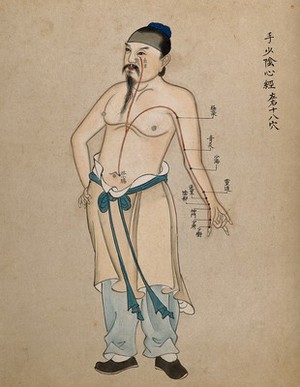 view Acupuncture chart with a series of points indicated on the figure of a standing Chinese man. Watercolour.