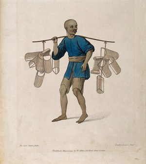 view A Chinese labourer (possibly a fisherman or viper-seller?) balancing a pole over his shoulder, from which a collection of small basket-like objects hang. Coloured stipple engraving by J. Dadley after Pu-Quà, 1799.
