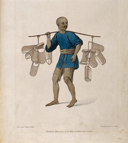 A Chinese labourer (possibly a fisherman or viper-seller?) balancing a pole over his shoulder, from which a collection of small basket-like objects hang. Coloured stipple engraving by J. Dadley after Pu-Quà, 1799.