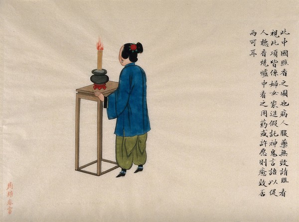 A woman diviner burning incense. Watercolour by Zhou Pei Qun, ca. 1890.