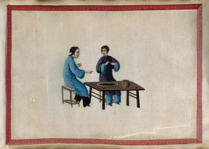 view Two women grading (?) tea. Gouache by a Chinese artist, ca. 1850.