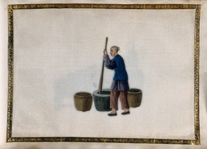 view A man pounding tea leaves with a large pestle and mortar. Painting by a Chinese artist, ca. 1850.