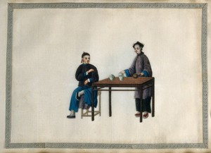 view A woman preparing a tea drink by pouring hot water into two bowls containing tea leaves, for herself (?) and a man seated at a table. Painting by a Chinese artist, ca. 1850.