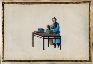 view A woman packing tea leaves into small brightly painted wooden boxes. Painting by a Chinese artist, ca. 1850.