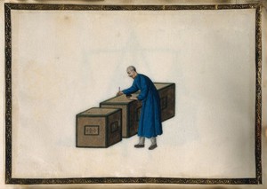 view A man writes on sealed crates of tea, ready for export. Painting by a Chinese artist, ca. 1850.