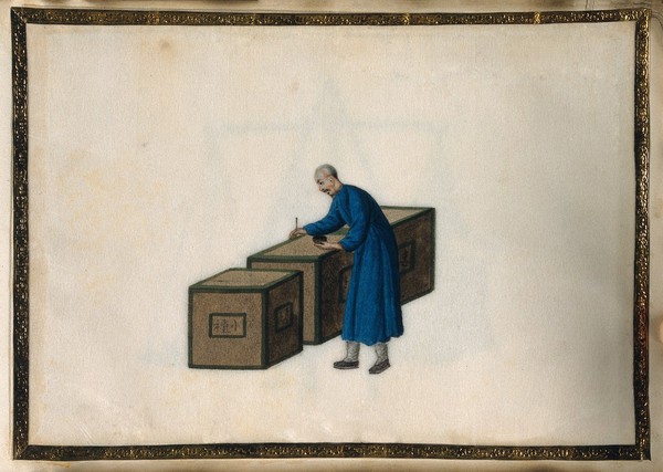 A man writes on sealed crates of tea, ready for export. Painting by a Chinese artist, ca. 1850.