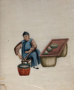 A man selling steamed dumplings (?). Watercolour by a Chinese artist, ca. 1800.