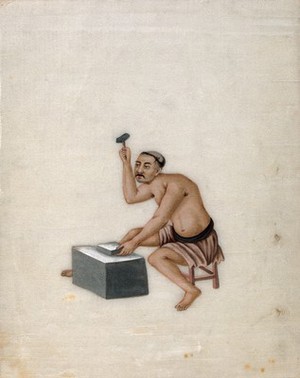 view A man hammering metal (?), to make a mirror (?). Watercolour by a Chinese artist, ca. 1800.