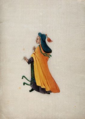 A woman wearing brightly coloured robes and a tasselled head dress. Watercolour by a Chinese artist, ca. 1800.