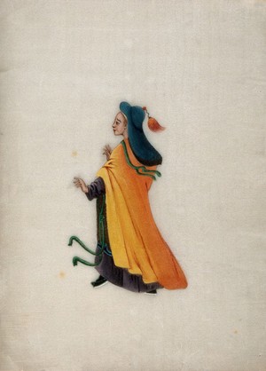 view A woman wearing brightly coloured robes and a tasselled head dress. Watercolour by a Chinese artist, ca. 1800.